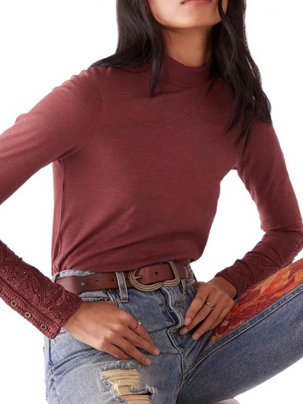 Free People Hooked On You crochet cuff mock neck burgundy long sleeve blouse XS